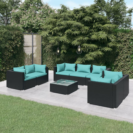 8-tlg. Garten-Lounge-Set mit Kissen Poly Rattan Schwarz 114931