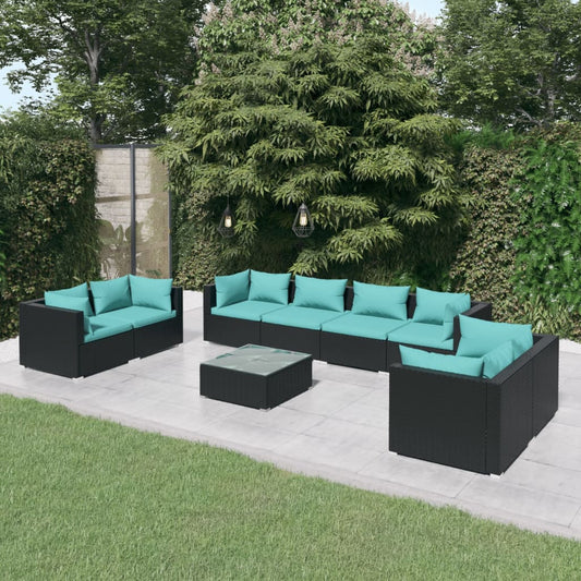 9-tlg. Garten-Lounge-Set mit Kissen Poly Rattan Schwarz 116550