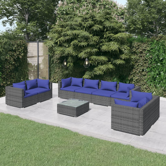 9-tlg. Garten-Lounge-Set mit Kissen Poly Rattan Grau 98386