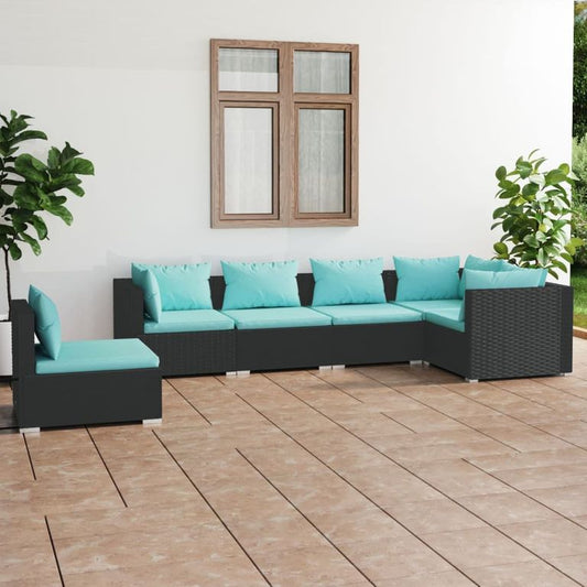 6-tlg. Garten-Lounge-Set mit Kissen Poly Rattan Schwarz 96218