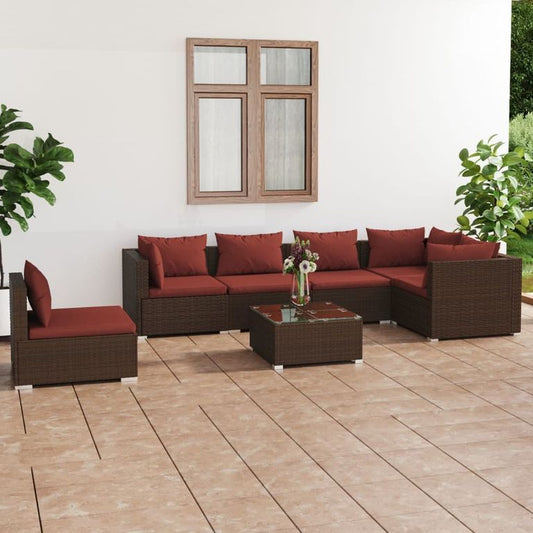 7-tlg. Garten-Lounge-Set mit Kissen Poly Rattan Braun 98397