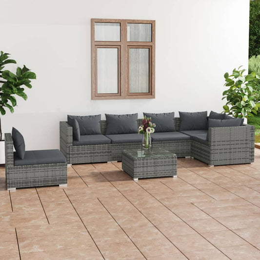 7-tlg. Garten-Lounge-Set mit Kissen Poly Rattan Grau 110118