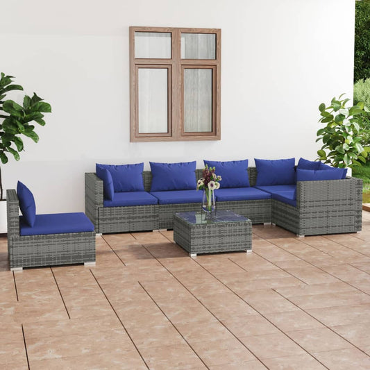 7-tlg. Garten-Lounge-Set mit Kissen Poly Rattan Grau 98402