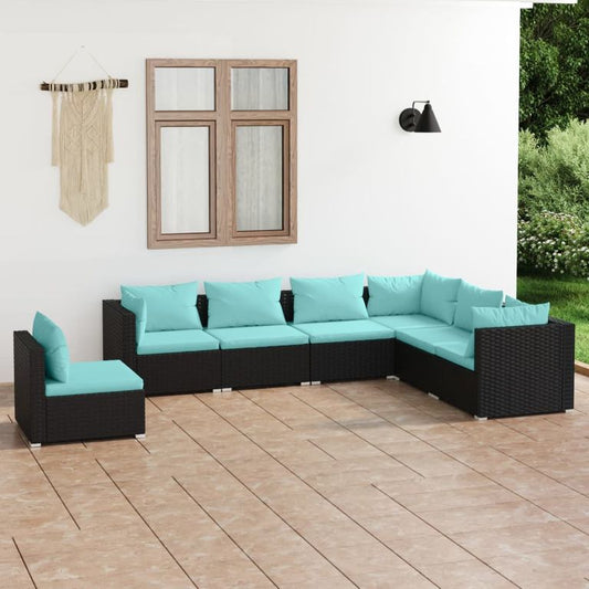 7-tlg. Garten-Lounge-Set mit Kissen Poly Rattan Schwarz 96082