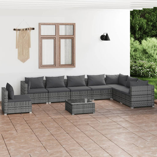 9-tlg. Garten-Lounge-Set mit Kissen Poly Rattan Grau 115362