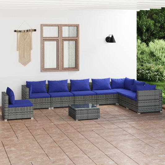 9-tlg. Garten-Lounge-Set mit Kissen Poly Rattan Grau 98405