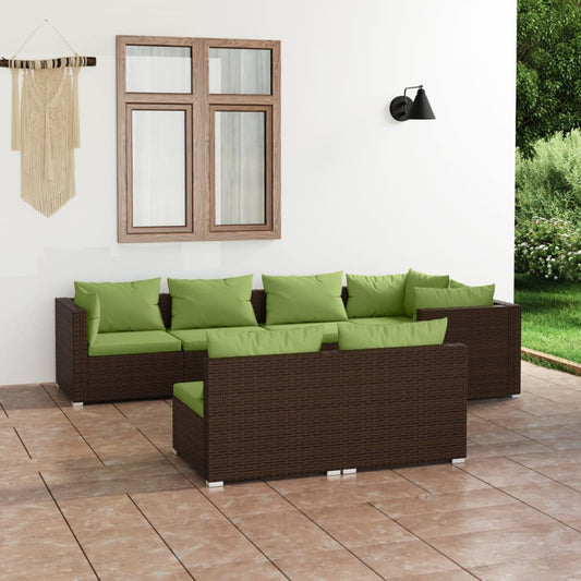 7-tlg. Garten-Lounge-Set mit Kissen Braun Poly Rattan 98406