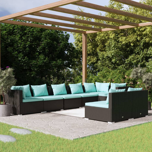 8-tlg. Garten-Lounge-Set mit Kissen Schwarz Poly Rattan 107482