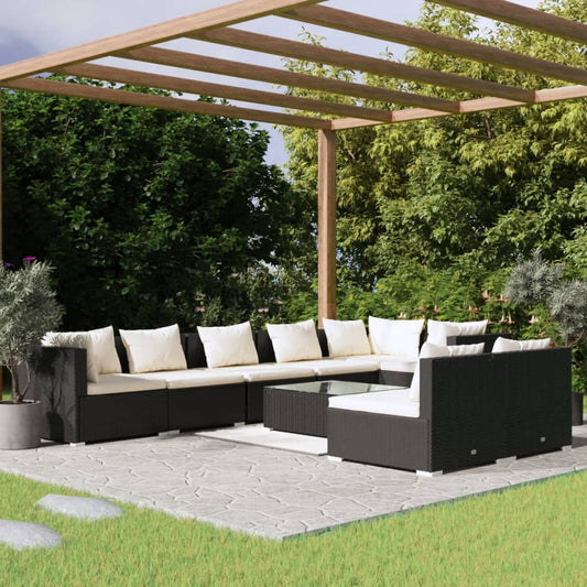 9-tlg. Garten-Lounge-Set mit Kissen Schwarz Poly Rattan 98874