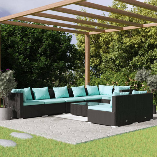 9-tlg. Garten-Lounge-Set mit Kissen Schwarz Poly Rattan 101113