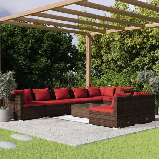 9-tlg. Garten-Lounge-Set mit Kissen Braun Poly Rattan 104785