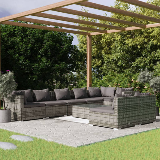 9-tlg. Garten-Lounge-Set mit Kissen Grau Poly Rattan 115354