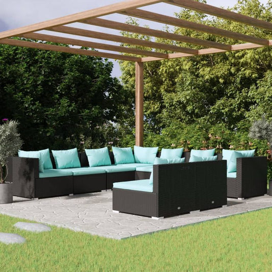 9-tlg. Garten-Lounge-Set mit Kissen Schwarz Poly Rattan 94932