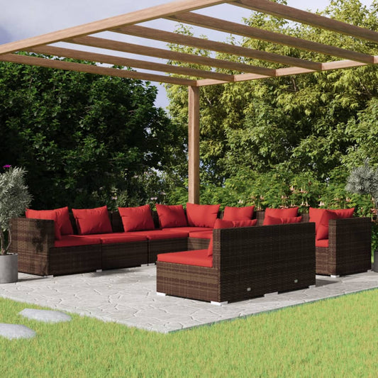 9-tlg. Garten-Lounge-Set mit Kissen Braun Poly Rattan 104781