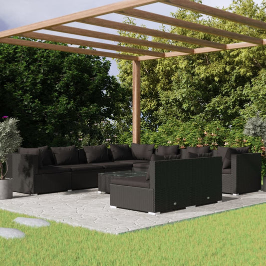 10-tlg. Garten-Lounge-Set mit Kissen Schwarz Poly Rattan 116610