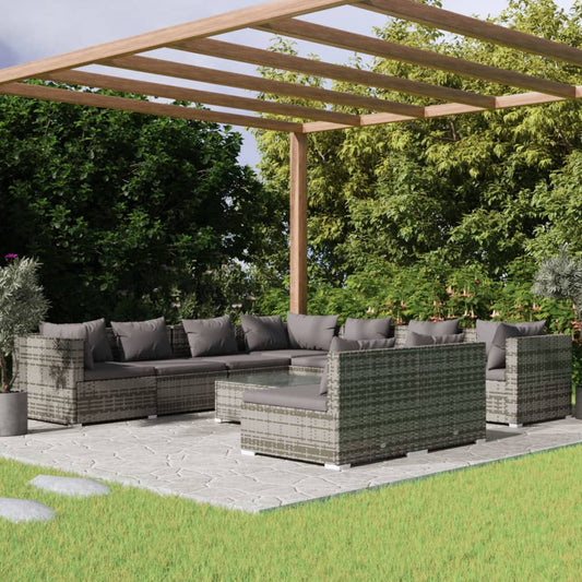 10-tlg. Garten-Lounge-Set mit Kissen Grau Poly Rattan 110131