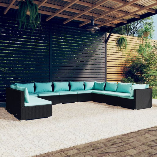 10-tlg. Garten-Lounge-Set mit Kissen Schwarz Poly Rattan 96223