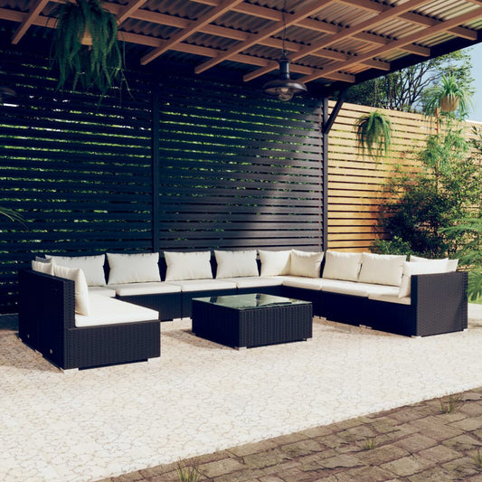 11-tlg. Garten-Lounge-Set mit Kissen Schwarz Poly Rattan 95622