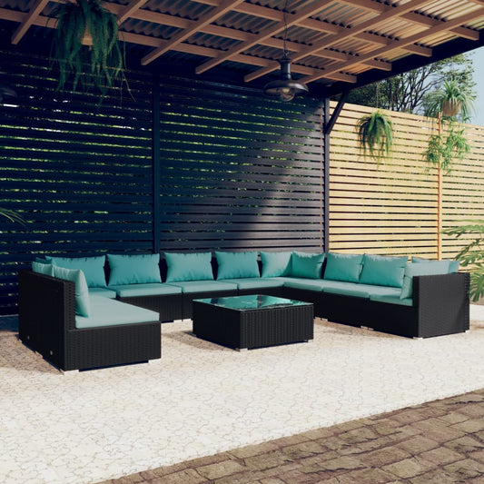 11-tlg. Garten-Lounge-Set mit Kissen Schwarz Poly Rattan 113135