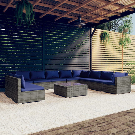 11-tlg. Garten-Lounge-Set mit Kissen Grau Poly Rattan 98418