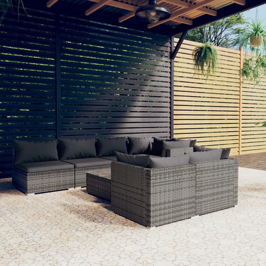 8-tlg. Garten-Lounge-Set mit Kissen Grau Poly Rattan 107598