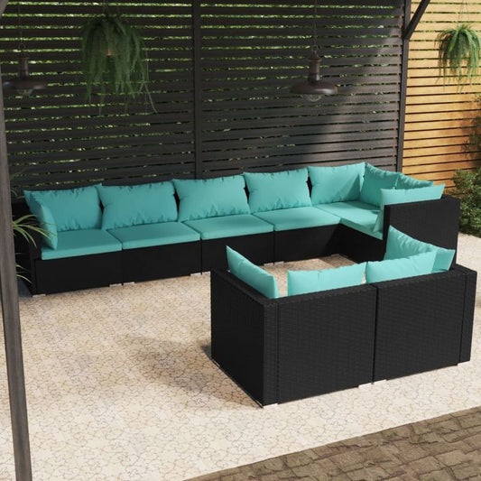 8-tlg. Garten-Lounge-Set mit Kissen Schwarz Poly Rattan 96206