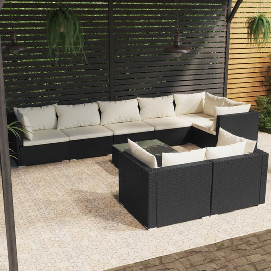 9-tlg. Garten-Lounge-Set mit Kissen Schwarz Poly Rattan 98870