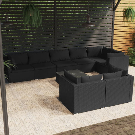 9-tlg. Garten-Lounge-Set mit Kissen Schwarz Poly Rattan 113529