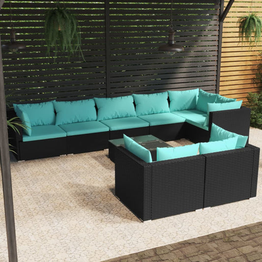 9-tlg. Garten-Lounge-Set mit Kissen Schwarz Poly Rattan 113152