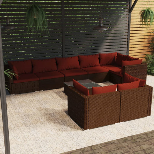 9-tlg. Garten-Lounge-Set mit Kissen Braun Poly Rattan 104869