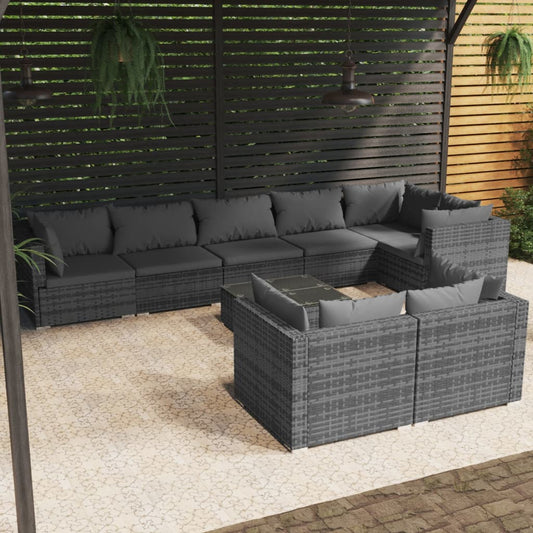 9-tlg. Garten-Lounge-Set mit Kissen Grau Poly Rattan 115365