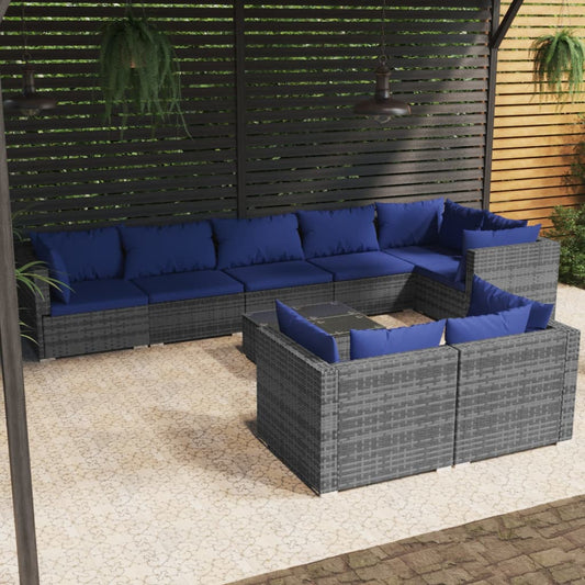 9-tlg. Garten-Lounge-Set mit Kissen Grau Poly Rattan 98427