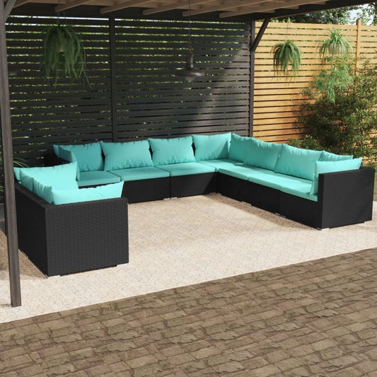 9-tlg. Garten-Lounge-Set mit Kissen Schwarz Poly Rattan 96083