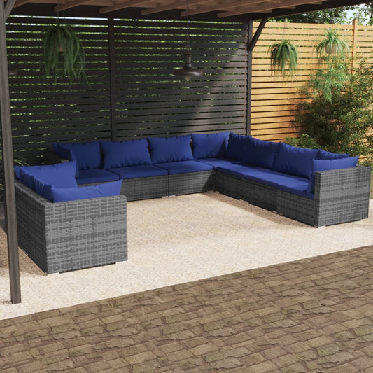 9-tlg. Garten-Lounge-Set mit Kissen Grau Poly Rattan 100369