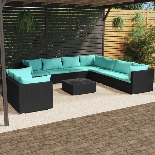 10-tlg. Garten-Lounge-Set mit Kissen Schwarz Poly Rattan 116564