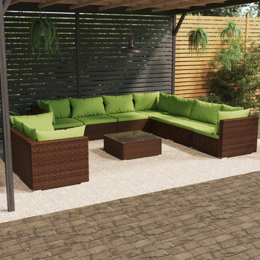 10-tlg. Garten-Lounge-Set mit Kissen Braun Poly Rattan 105210