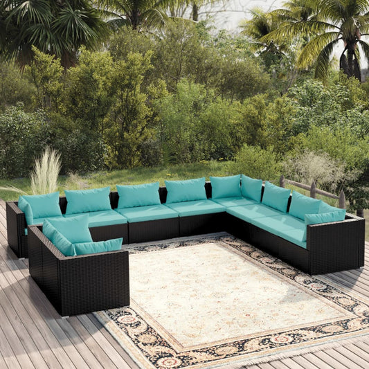 10-tlg. Garten-Lounge-Set mit Kissen Schwarz Poly Rattan 107480