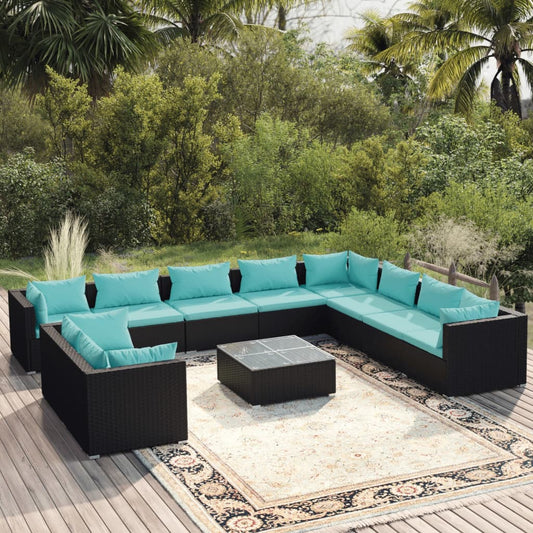 11-tlg. Garten-Lounge-Set mit Kissen Schwarz Poly Rattan 116559