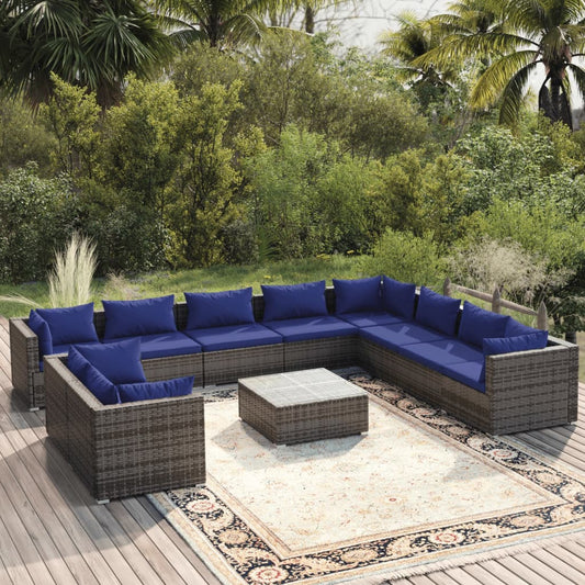 11-tlg. Garten-Lounge-Set mit Kissen Grau Poly Rattan 100399