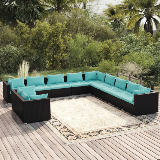 11-tlg. Garten-Lounge-Set mit Kissen Schwarz Poly Rattan 120008