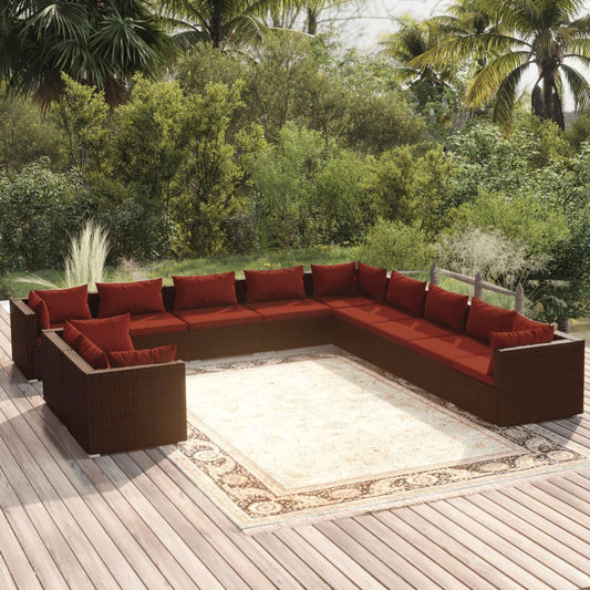 11-tlg. Garten-Lounge-Set mit Kissen Braun Poly Rattan 100672