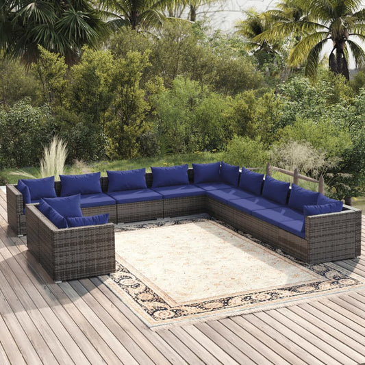 11-tlg. Garten-Lounge-Set mit Kissen Grau Poly Rattan 100385