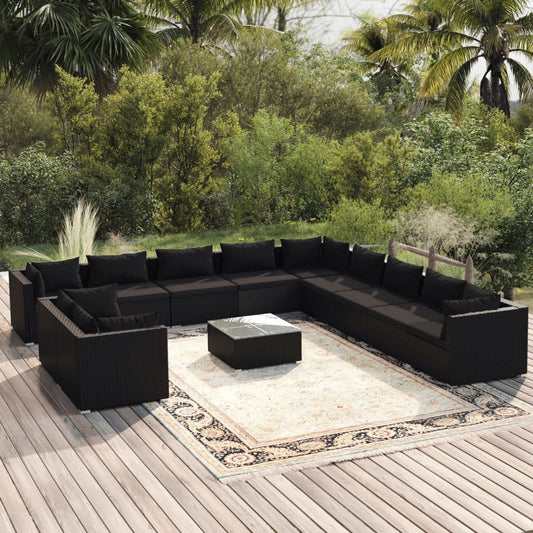 12-tlg. Garten-Lounge-Set mit Kissen Schwarz Poly Rattan 113520