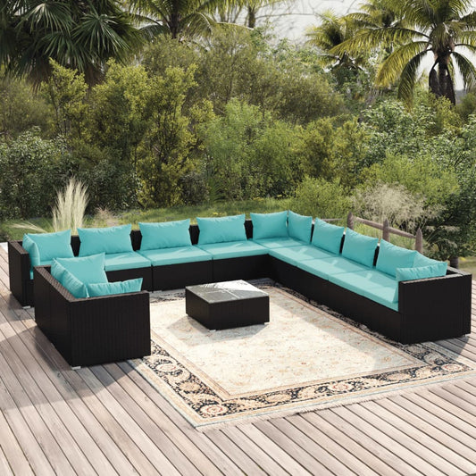 12-tlg. Garten-Lounge-Set mit Kissen Schwarz Poly Rattan 113147