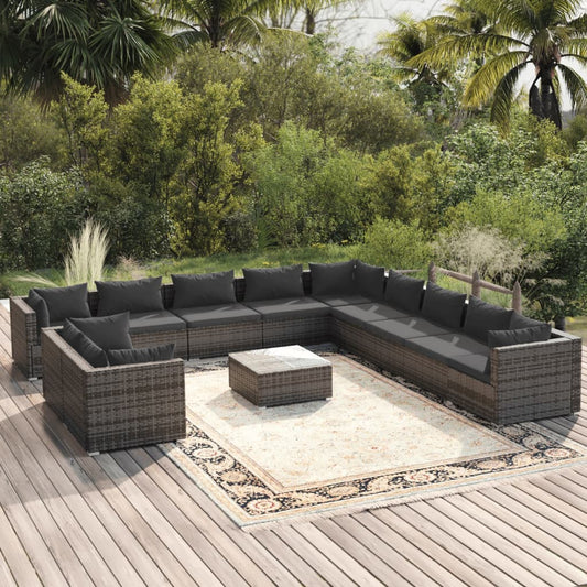 12-tlg. Garten-Lounge-Set mit Kissen Grau Poly Rattan 115357