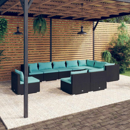 10-tlg. Garten-Lounge-Set mit Kissen Poly Rattan Schwarz 96211