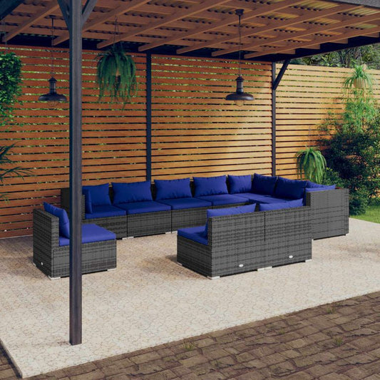 10-tlg. Garten-Lounge-Set mit Kissen Poly Rattan Grau 95646