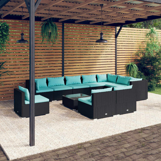 11-tlg. Garten-Lounge-Set mit Kissen Poly Rattan Schwarz 94922