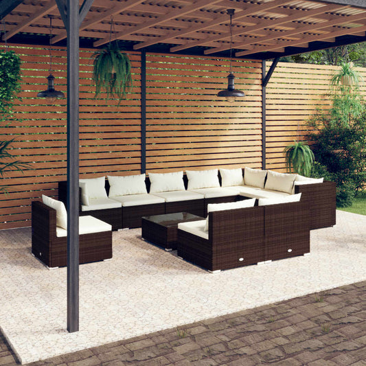 11-tlg. Garten-Lounge-Set mit Kissen Poly Rattan Braun 108682