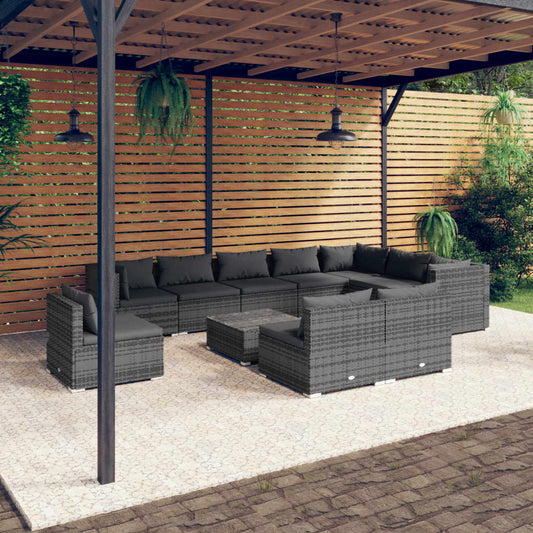 11-tlg. Garten-Lounge-Set mit Kissen Poly Rattan Grau 100268